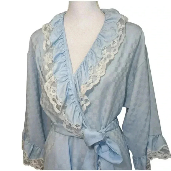 Vintage Givenchy Intimates Paris Tiffany Blue Ruffle Lace Check Robe Small USA - Picture 4 of 12